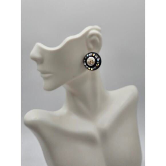 Chanel Black Resin Faux Pearl Crystal CC Stud Earrings - Picture 2 of 14